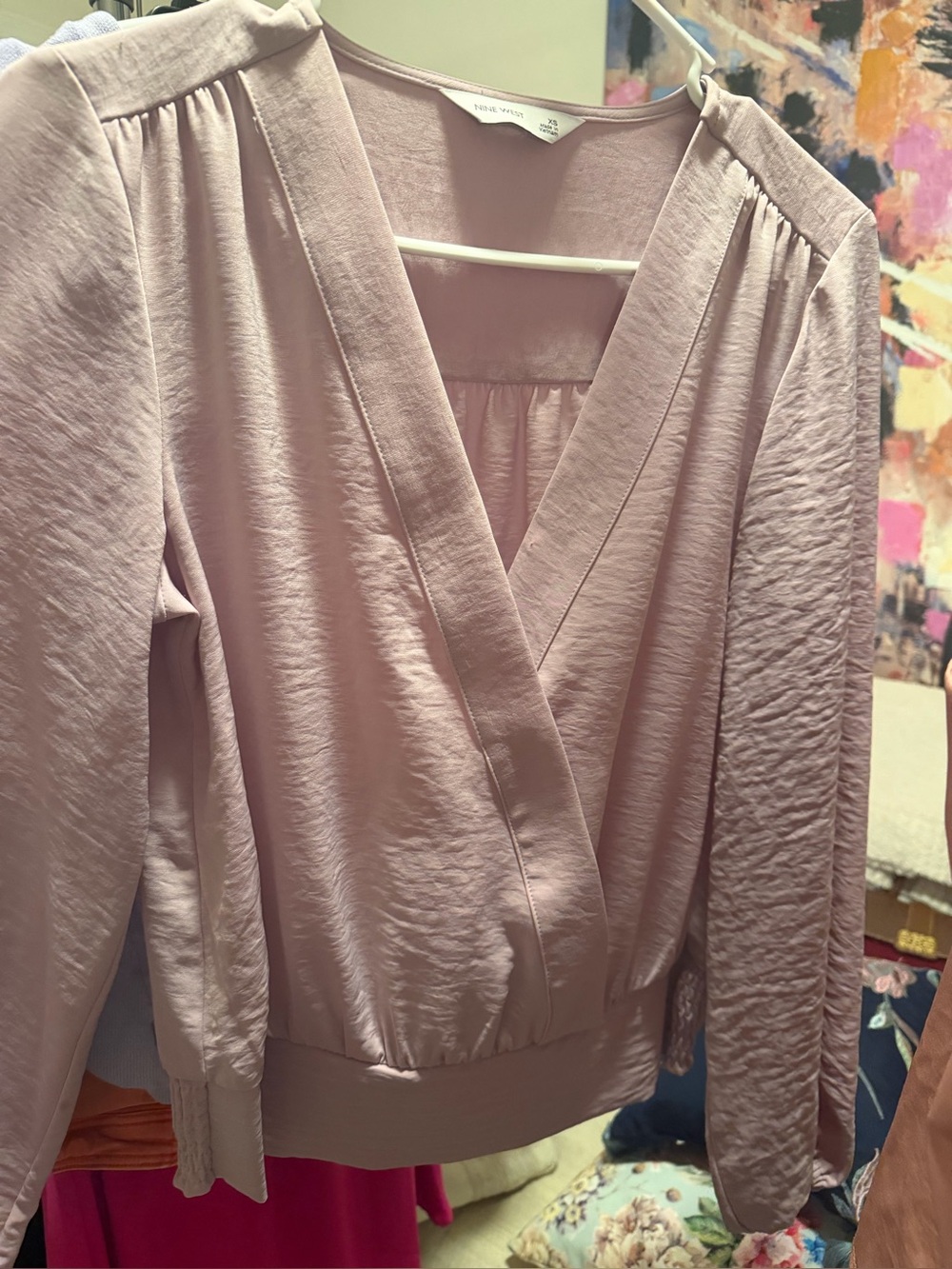 Nine West Mauve Wrap Blouse Long Sleeve Smocked Hem Textured